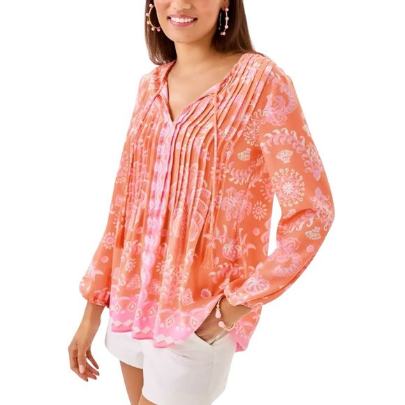 Lilly Pulitzer Marilina Long Sleeve Tunic Top Blouse XL Orange print - Picture 2 of 12